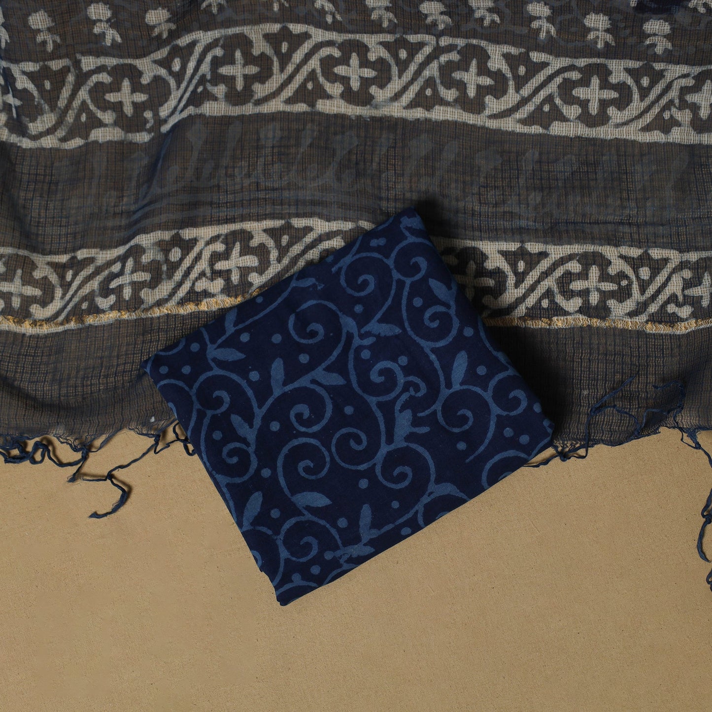 3pc kota doria cotton indigo bagru unstitched dress