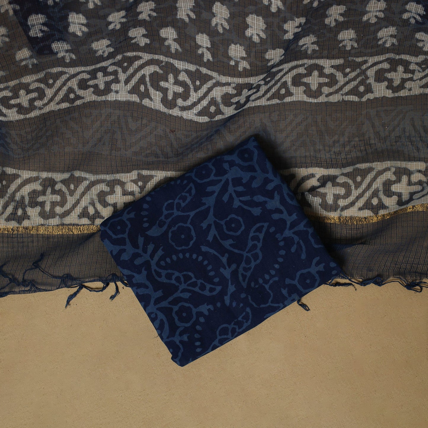 3pc kota doria cotton indigo bagru unstitched dress