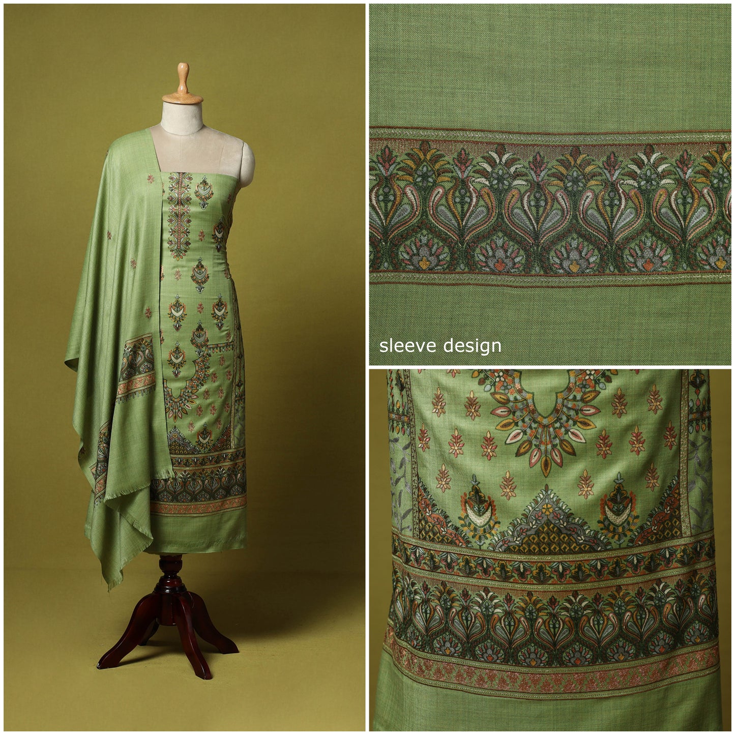 Green - 3pc Heavy Chain Stitch Embroidered Merino Wool Unstitched Dress Material 50