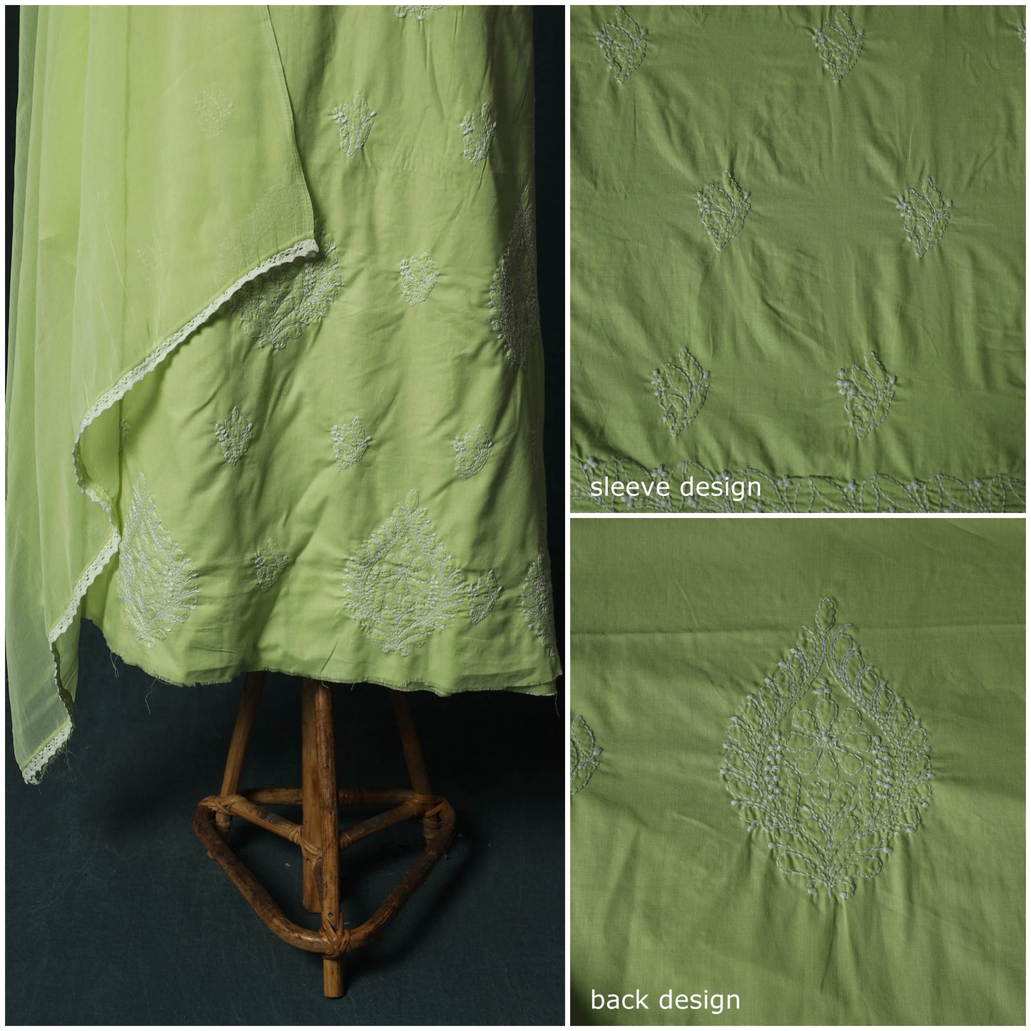 Green - Lucknowi Chikankari Hand Embroidered Cotton 3pc Unstitched Dress Material Suit Set 40