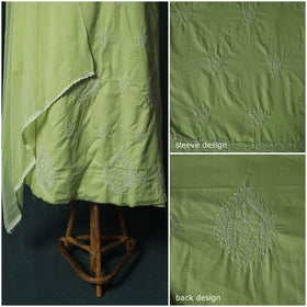 Green - Lucknowi Chikankari Hand Embroidered Cotton 3pc Unstitched Dress Material Suit Set 40