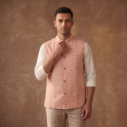 Handwoven Cotton Nehru Jacket for Men in Jamdani Buti of Srikakulam 11
