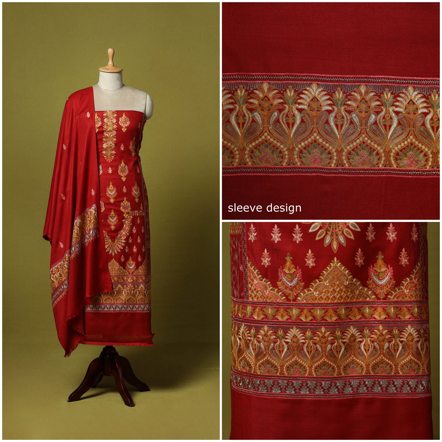 Red - 3pc Heavy Chain Stitch Embroidered Merino Wool Unstitched Dress Material 51