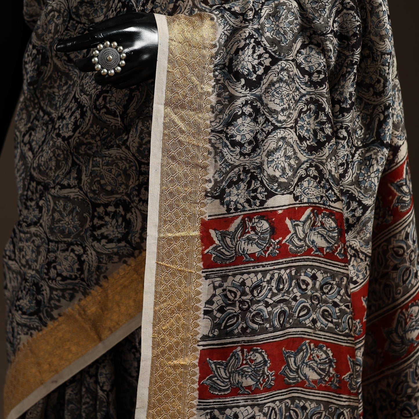 Black - natural dyed pedana chanderi silk kalamkari saree