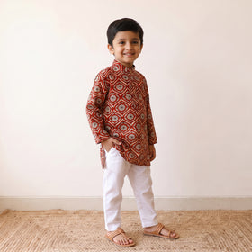 Red - kids pure cotton kurta in bagru block prints (3-4