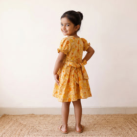 Yellow - pure cotton girls frock dress in batik block