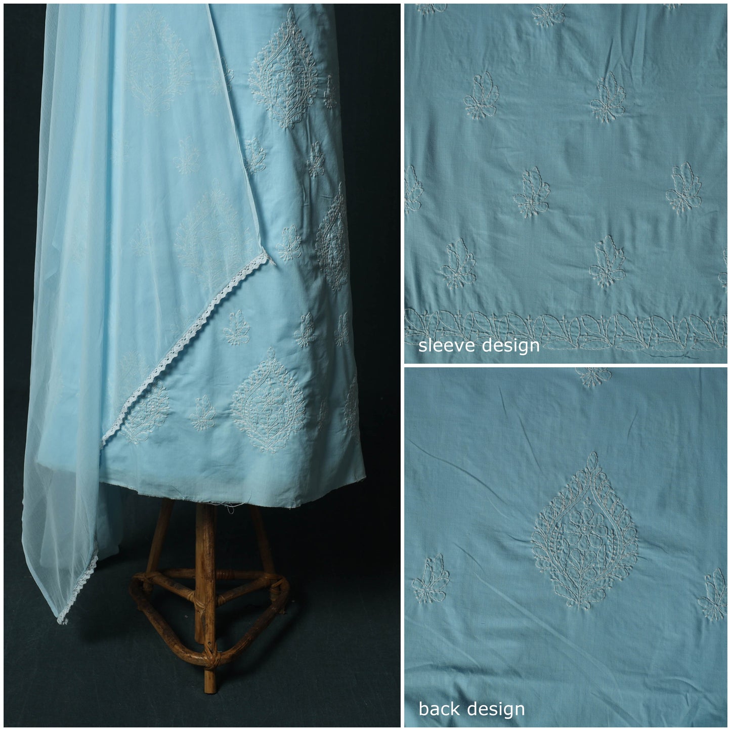 Blue - Lucknowi Chikankari Hand Embroidered Cotton 3pc Unstitched Dress Material Suit Set 41