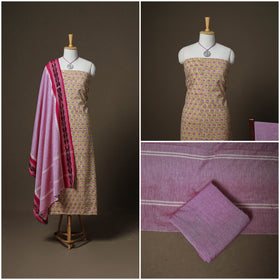 Sanganeri Block Print Cotton Unstitched Dress Material: Kurta, Bottom & Dupatta with Jewellery 41