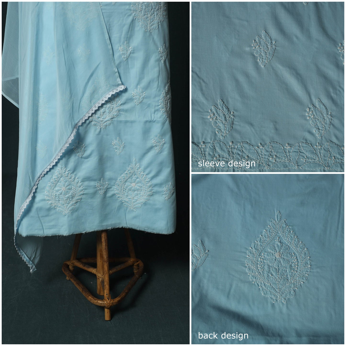 Blue - Lucknowi Chikankari Hand Embroidered Cotton 3pc Unstitched Dress Material Suit Set 42