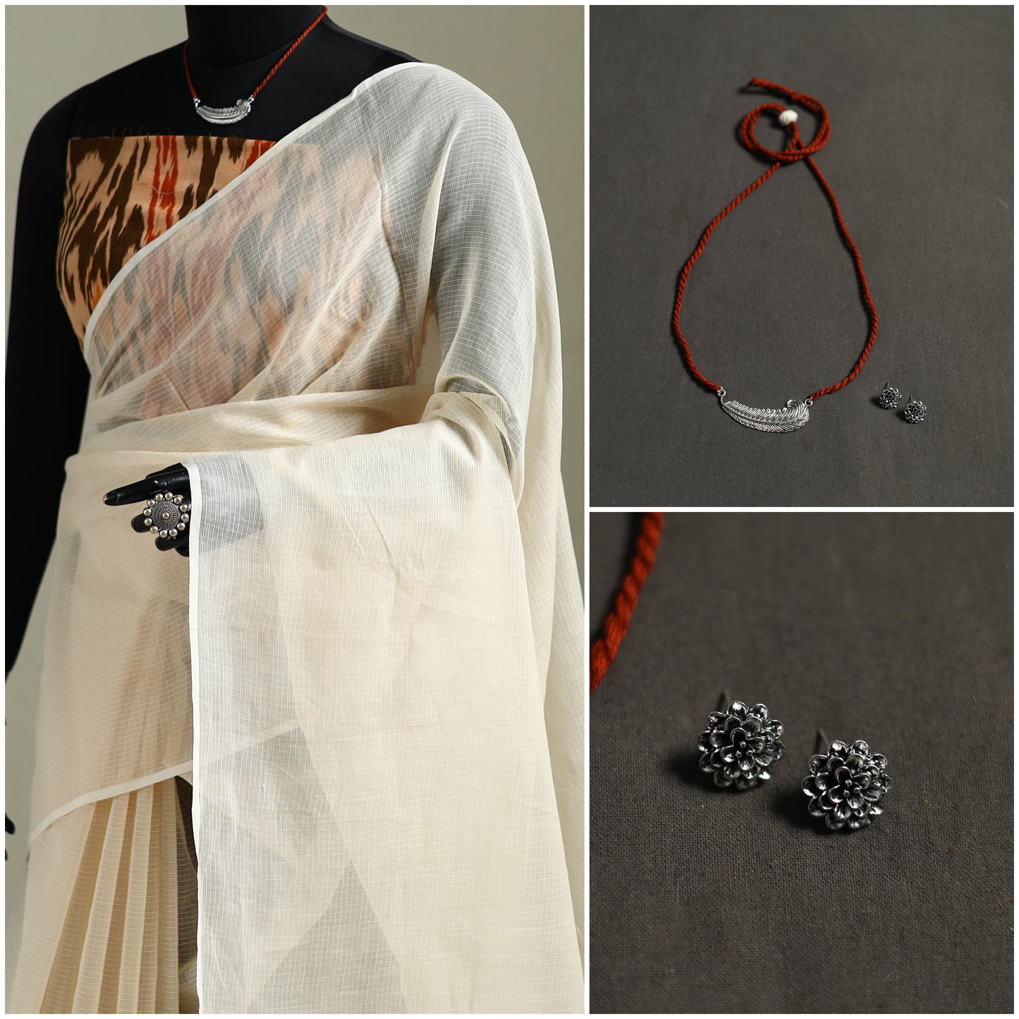 Beige - Nazaakat Kota Doria Cotton Plain Saree with Blouse & Jewellery Set 70