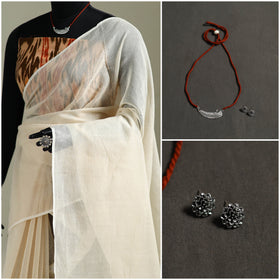 Beige - Nazaakat Kota Doria Cotton Plain Saree with Blouse & Jewellery Set 70