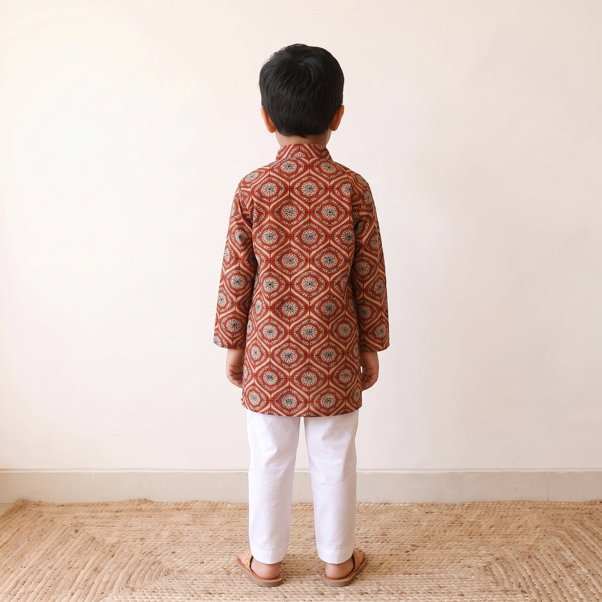 Red - kids pure cotton kurta in bagru block prints (3-4