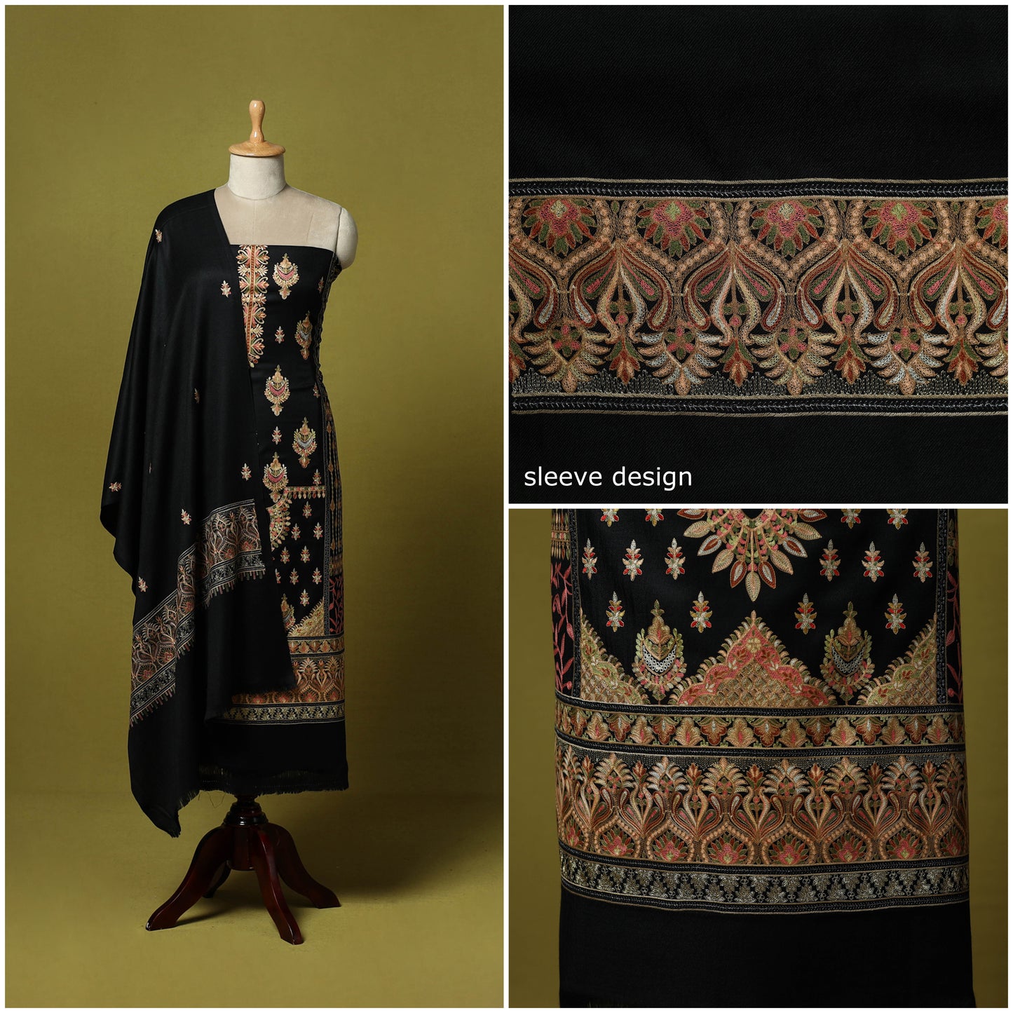 Black - 3pc Heavy Chain Stitch Embroidered Merino Wool Unstitched Dress Material 52