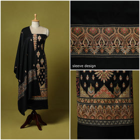 Black - 3pc Heavy Chain Stitch Embroidered Merino Wool Unstitched Dress Material 52