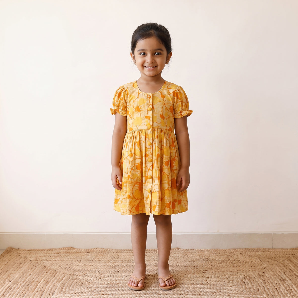 Yellow - pure cotton girls frock dress in batik block