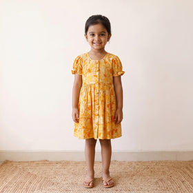 Yellow - pure cotton girls frock dress in batik block