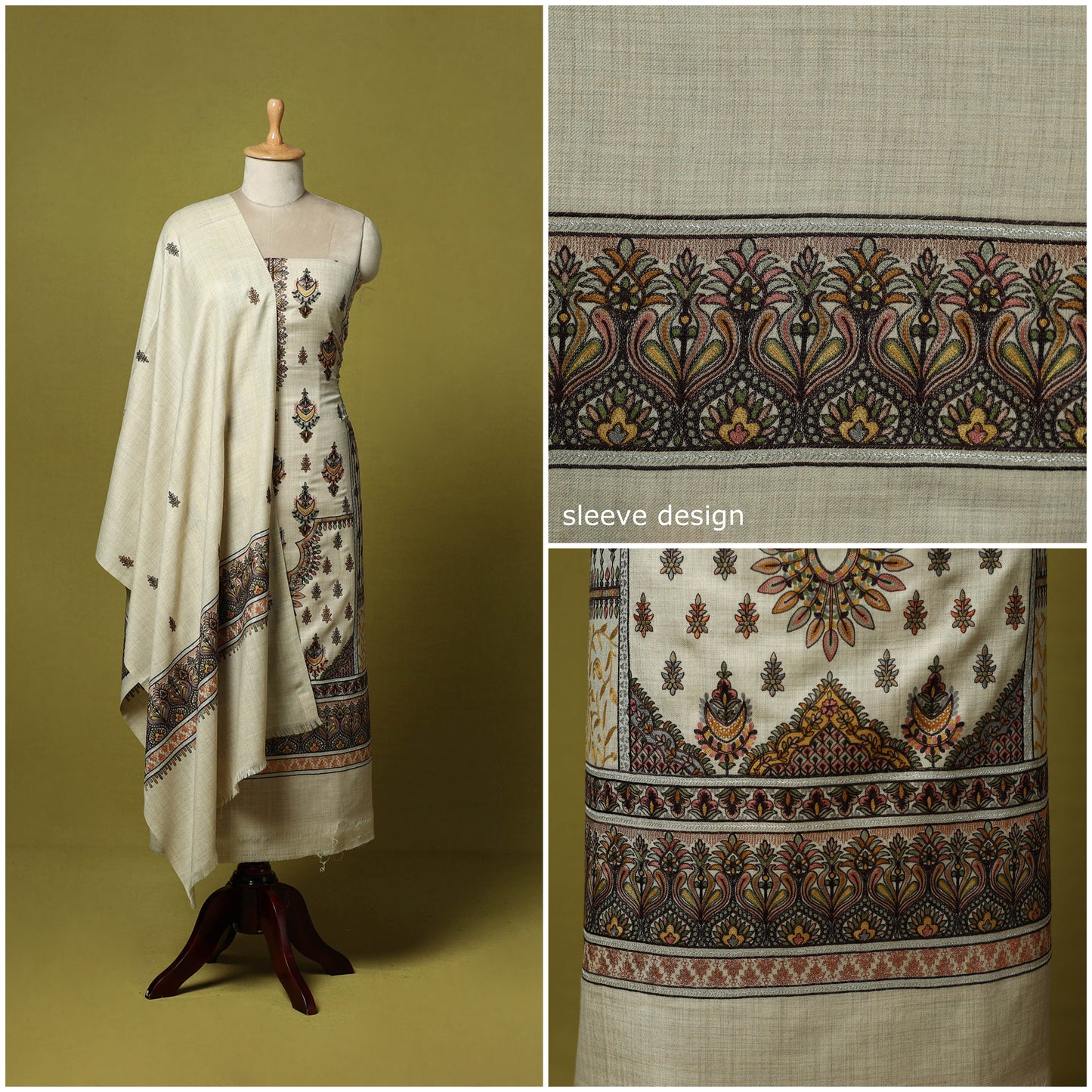 Beige - 3pc Heavy Chain Stitch Embroidered Merino Wool Unstitched Dress Material 53