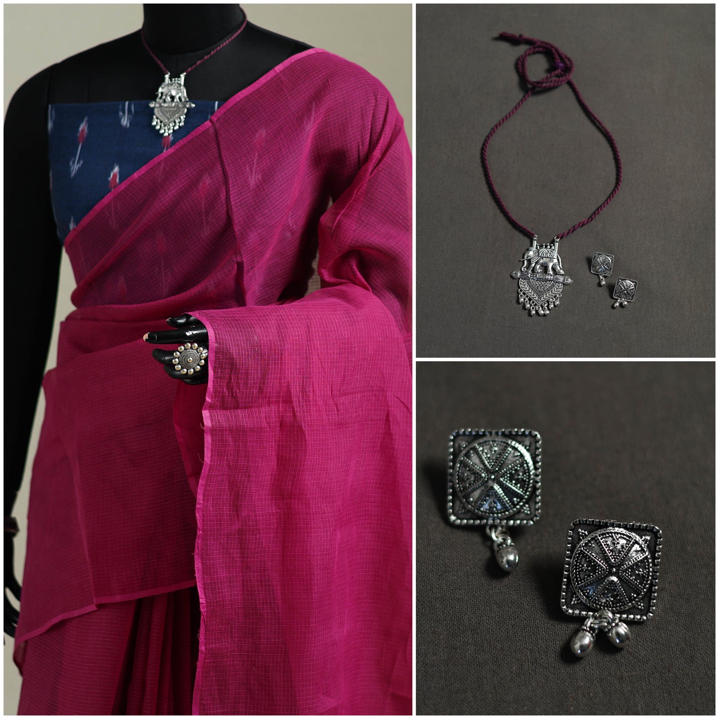 Pink - Nazaakat Kota Doria Cotton Plain Saree with Blouse & Jewellery Set 71