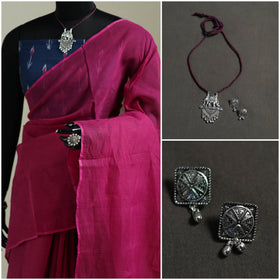Pink - Nazaakat Kota Doria Cotton Plain Saree with Blouse & Jewellery Set 71