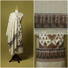 Beige - 3pc Heavy Chain Stitch Embroidered Merino Wool Unstitched Dress Material 53