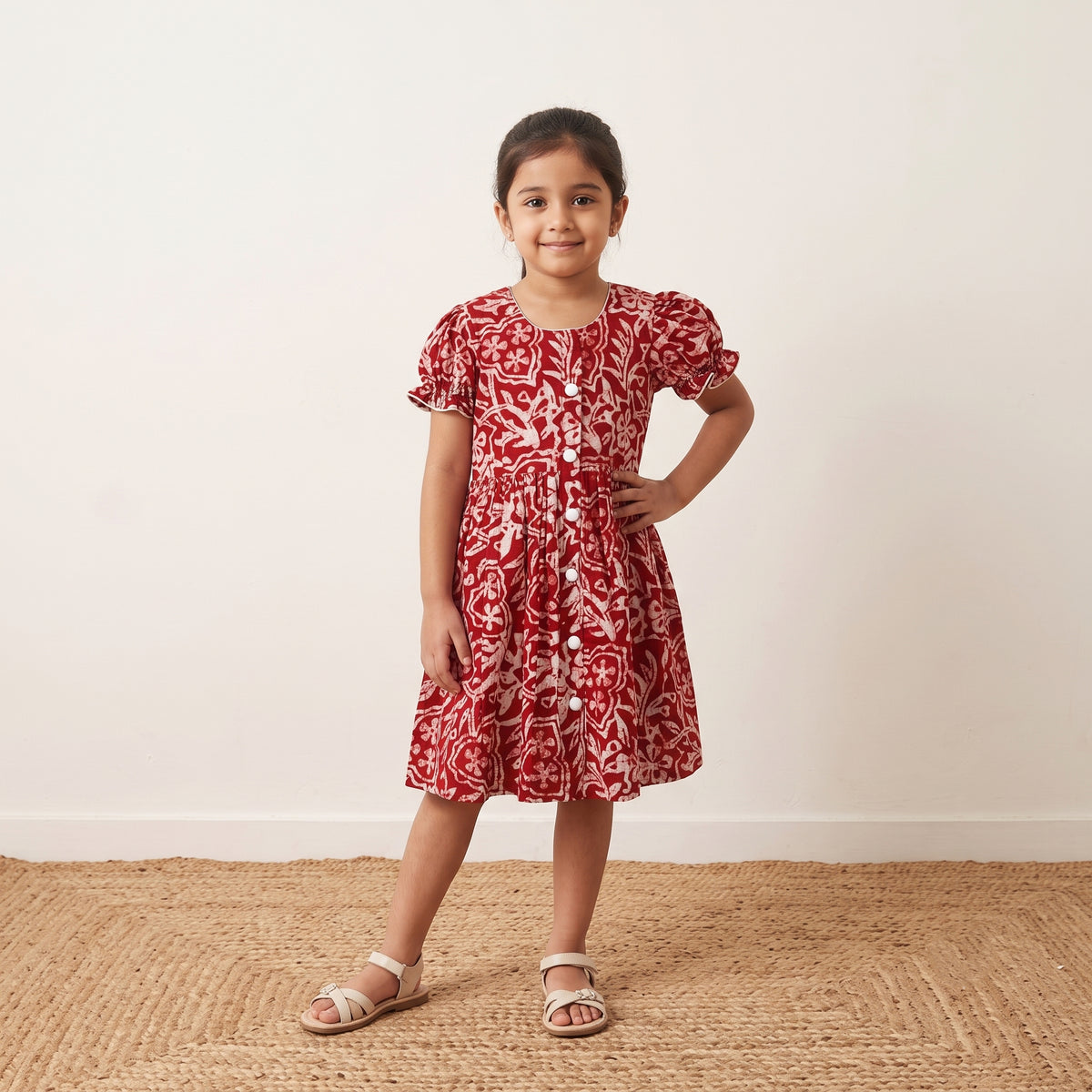Red - pure cotton girls frock dress in batik block prints