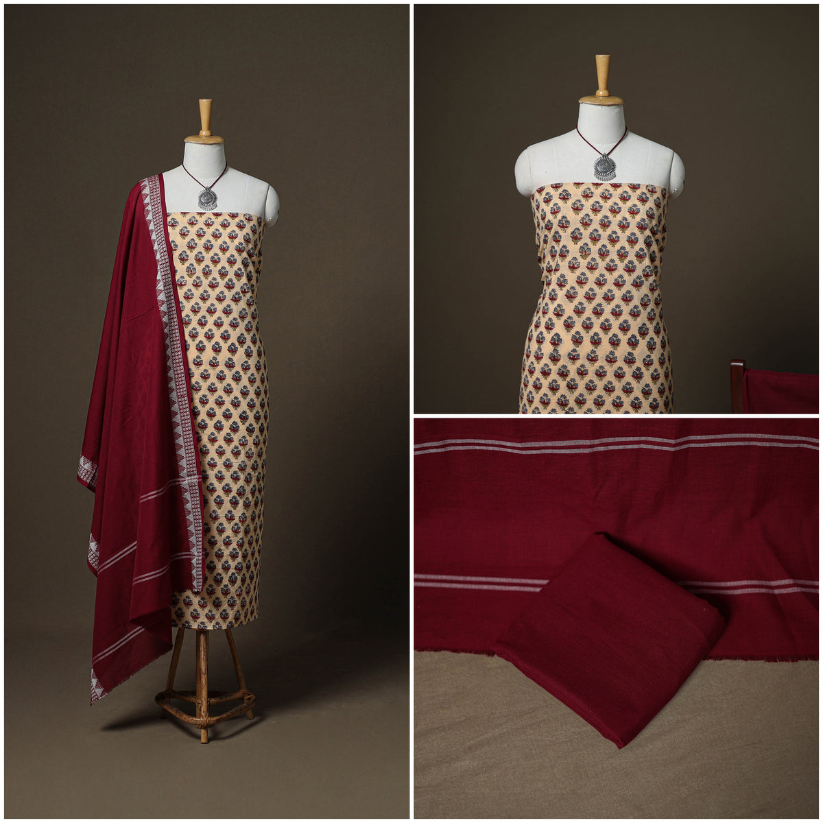 Sanganeri Block Print Cotton Unstitched Dress Material: Kurta, Bottom & Dupatta with Jewellery 43