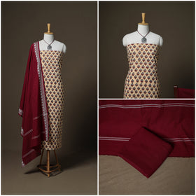 Sanganeri Block Print Cotton Unstitched Dress Material: Kurta, Bottom & Dupatta with Jewellery 43