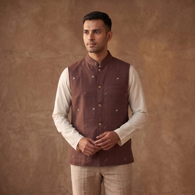Handwoven Cotton Nehru Jacket for Men in Jamdani Buti of Srikakulam 10