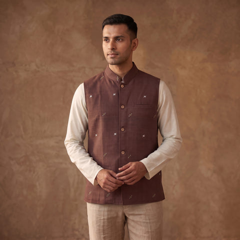 Handwoven Cotton Nehru Jacket for Men in Jamdani Buti of Srikakulam 10