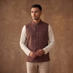 Handwoven Cotton Nehru Jacket for Men in Jamdani Buti of Srikakulam 10