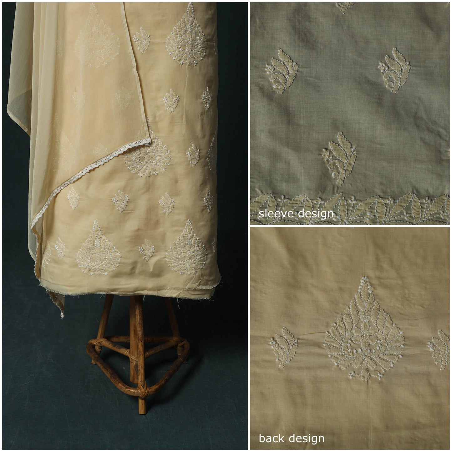 Beige - Lucknowi Chikankari Hand Embroidered Cotton 3pc Unstitched Dress Material Suit Set 43