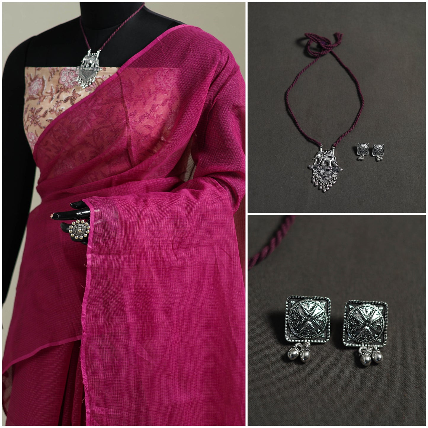 Pink - Nazaakat Kota Doria Cotton Plain Saree with Blouse & Jewellery Set 72