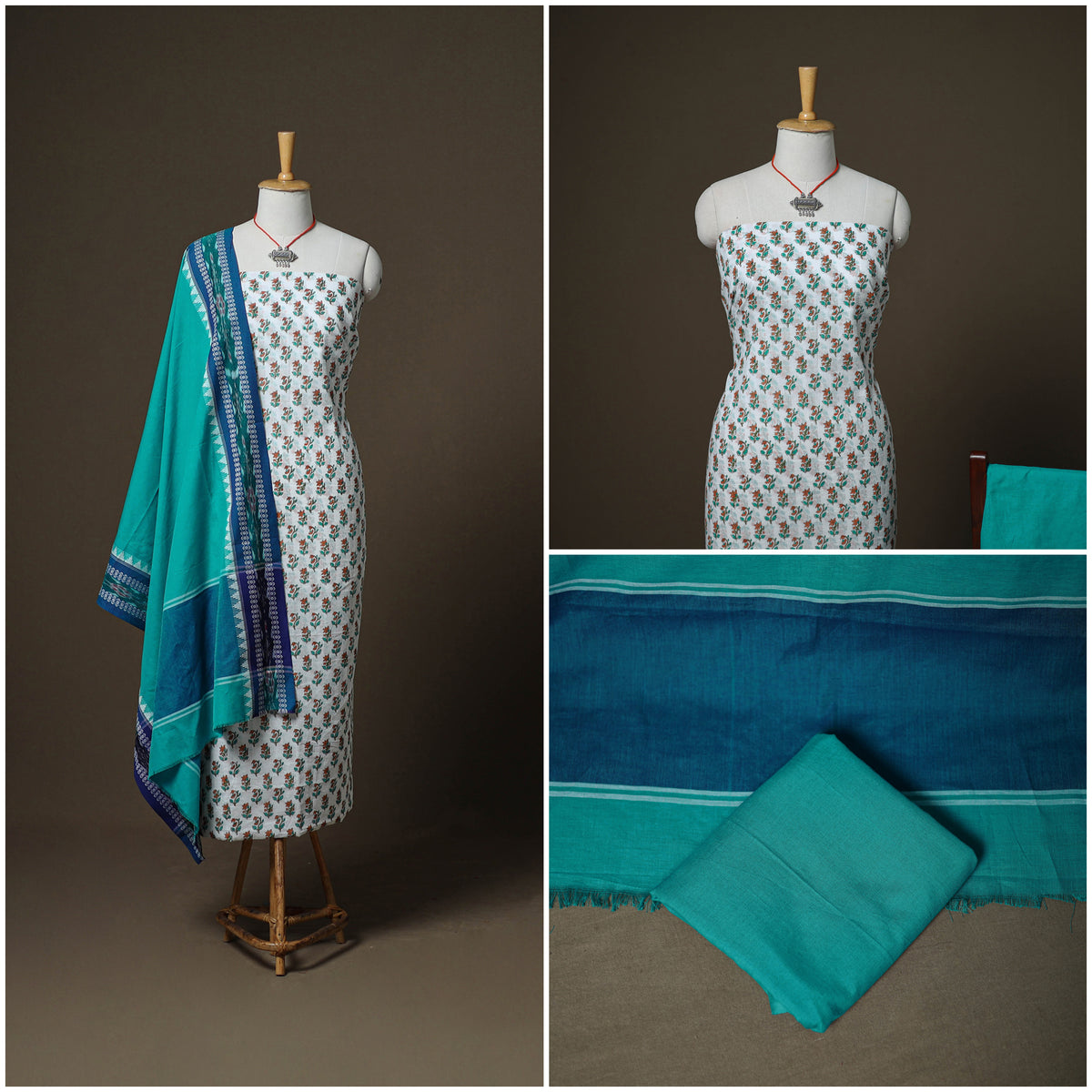 Sanganeri Block Print Cotton Unstitched Dress Material: Kurta, Bottom & Dupatta with Jewellery 44