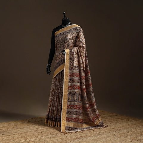 Brown - natural dyed pedana chanderi silk kalamkari saree