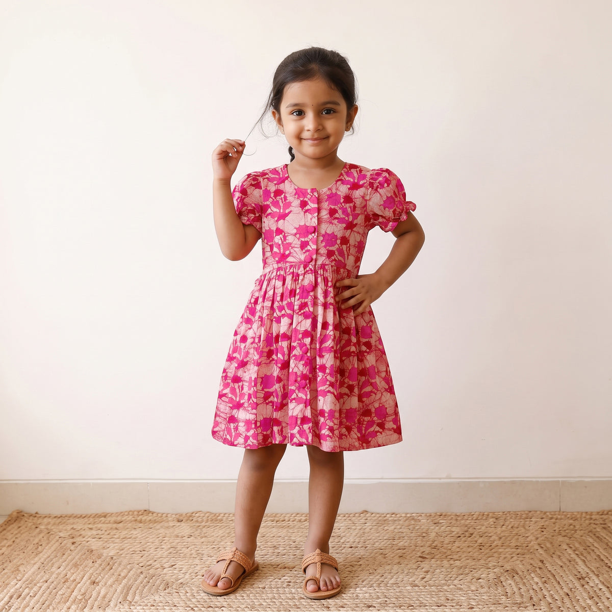 Pink - pure cotton girls frock dress in batik block prints