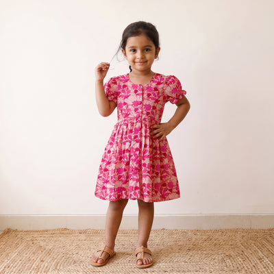 Pink - pure cotton girls frock dress in batik block prints