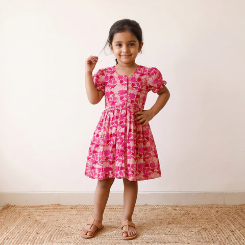 Pink - Pure Cotton Girls Frock Dress in Batik Block Prints (3-4 Years) 64