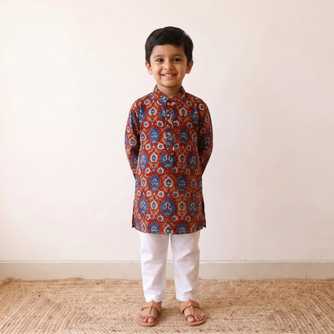 Red - Kids Pure Cotton  Kurta in Bagru Block Prints (3-4 Years) 97