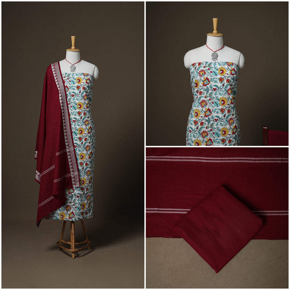 Sanganeri Block Print Cotton Unstitched Dress Material: Kurta, Bottom & Dupatta with Jewellery 45
