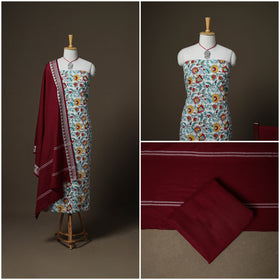 Sanganeri Block Print Cotton Unstitched Dress Material: Kurta, Bottom & Dupatta with Jewellery 45