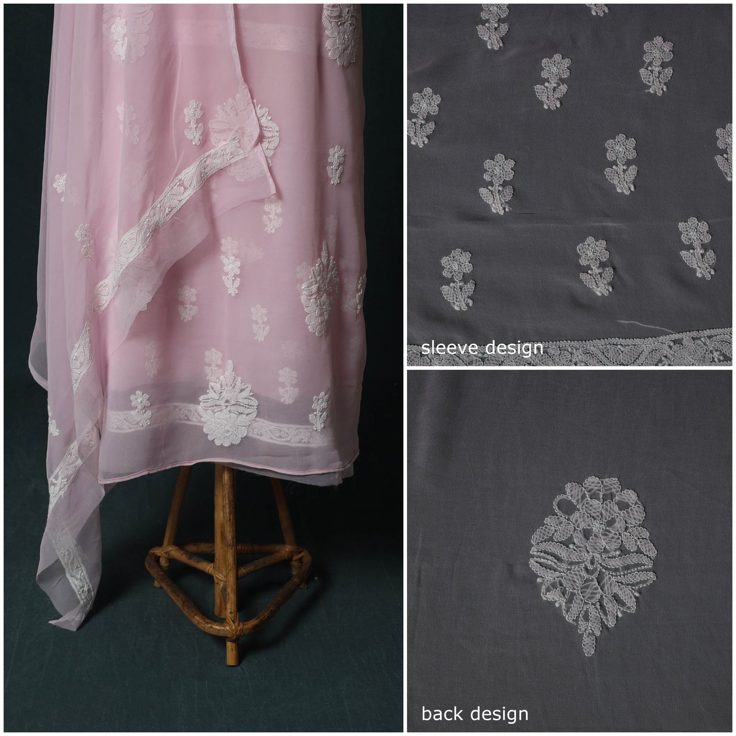 Lucknowi Chikankari Hand Embroidered Georgette 3pc Unstitched Dress Material Suit Set 45