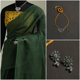 Green - Nazaakat Kota Doria Cotton Plain Saree with Blouse & Jewellery Set 74