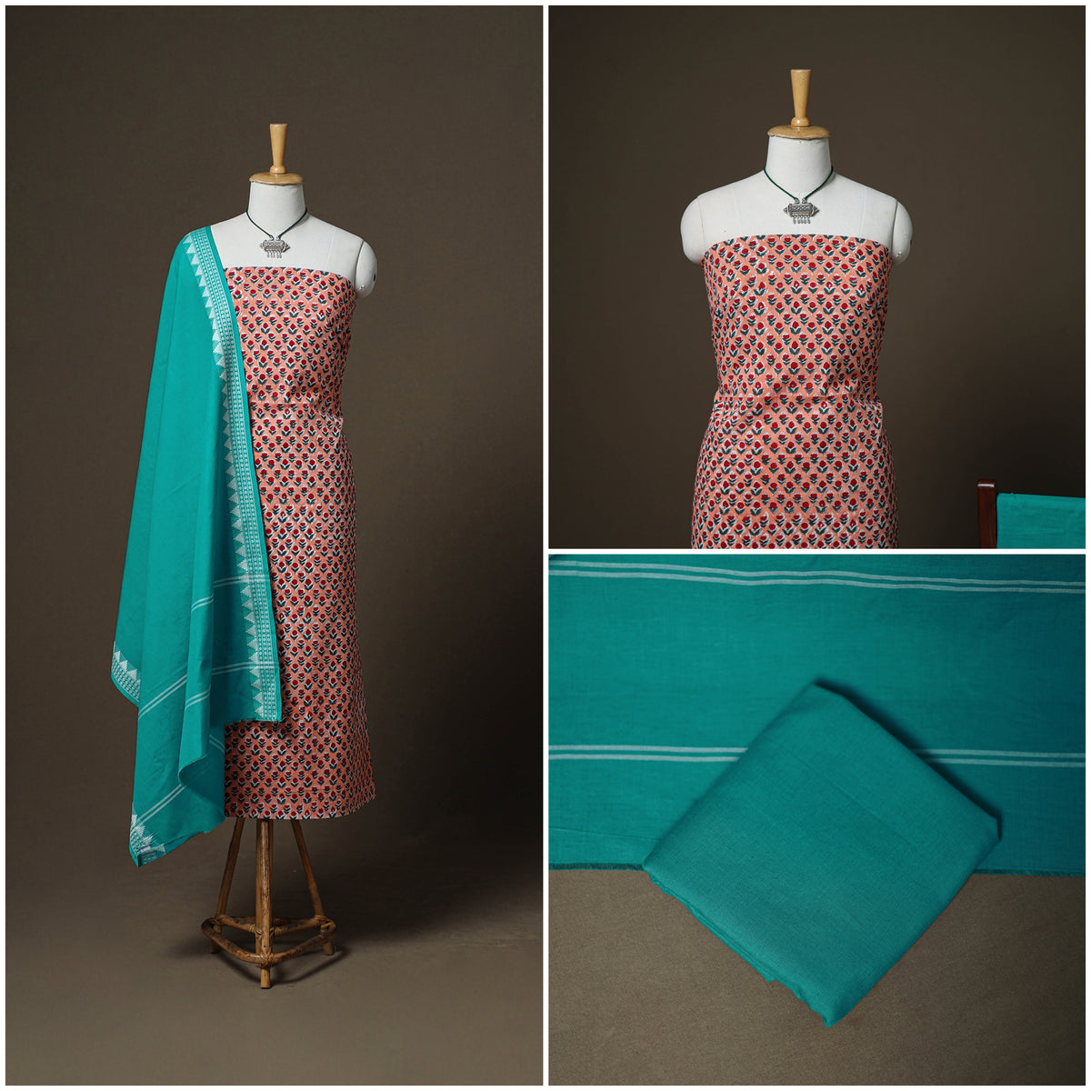 Sanganeri Block Print Cotton Unstitched Dress Material: Kurta, Bottom & Dupatta with Jewellery 46