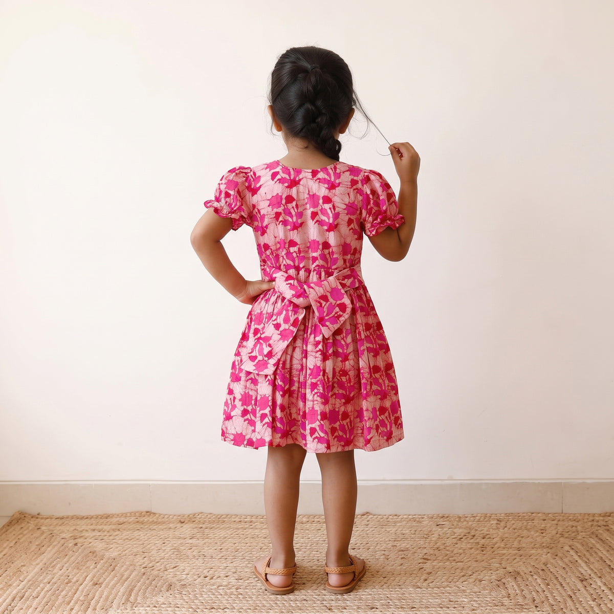Pink - pure cotton girls frock dress in batik block prints