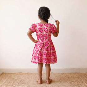 Pink - pure cotton girls frock dress in batik block prints