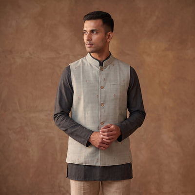 Handwoven Cotton Nehru Jacket for Men in Jamdani Buti of Srikakulam 16