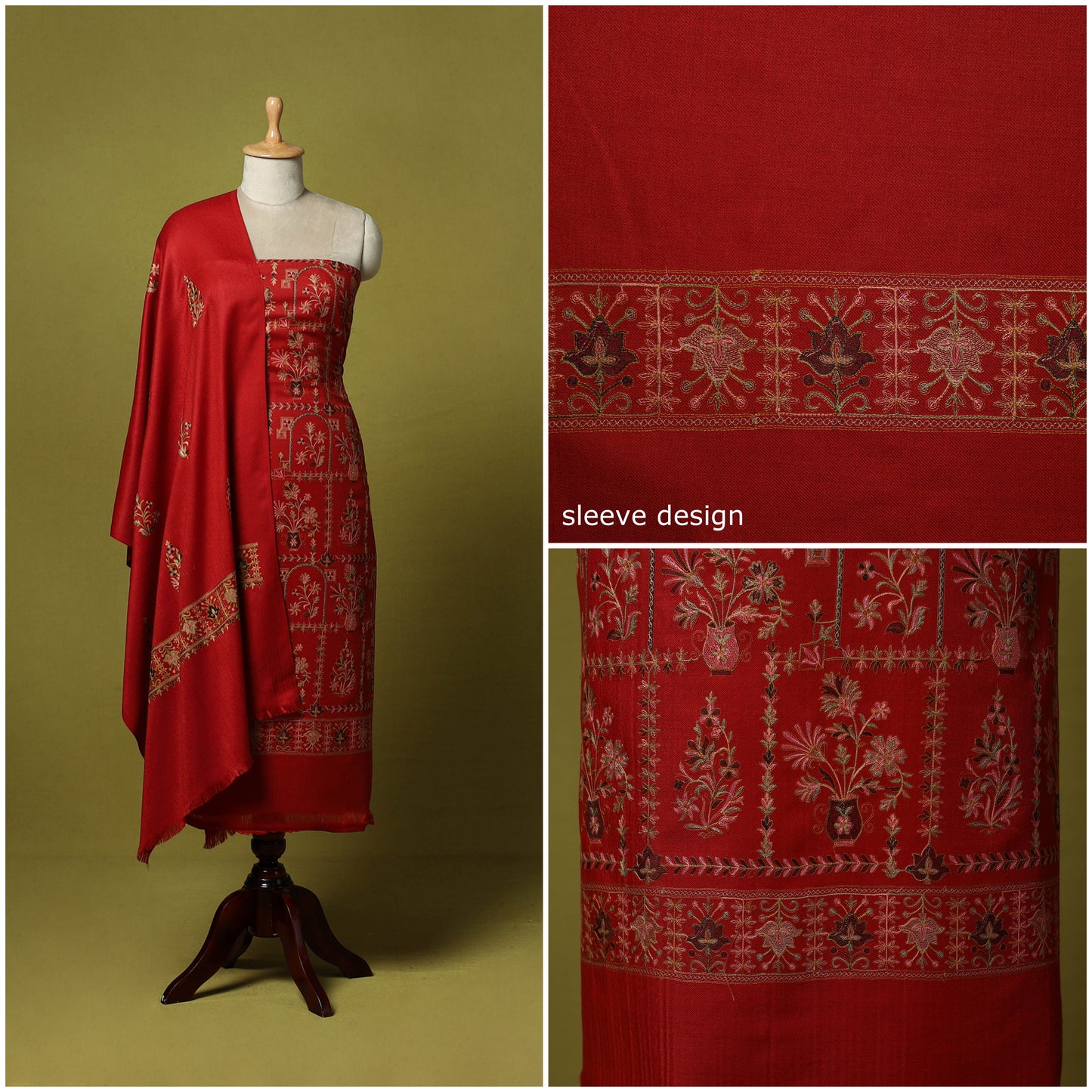 Red - 3pc Chain Stitch Aari Embroidered Merino Wool Unstitched Dress Material 56