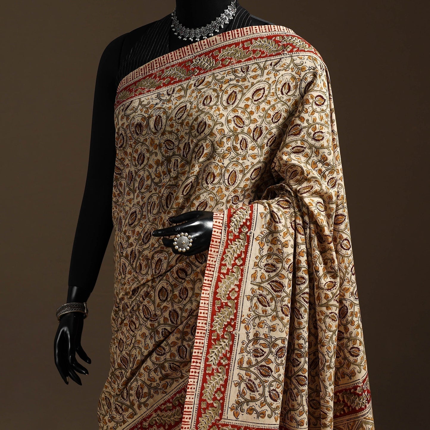 Beige - natural dyed pedana cotton kalamkari saree 30