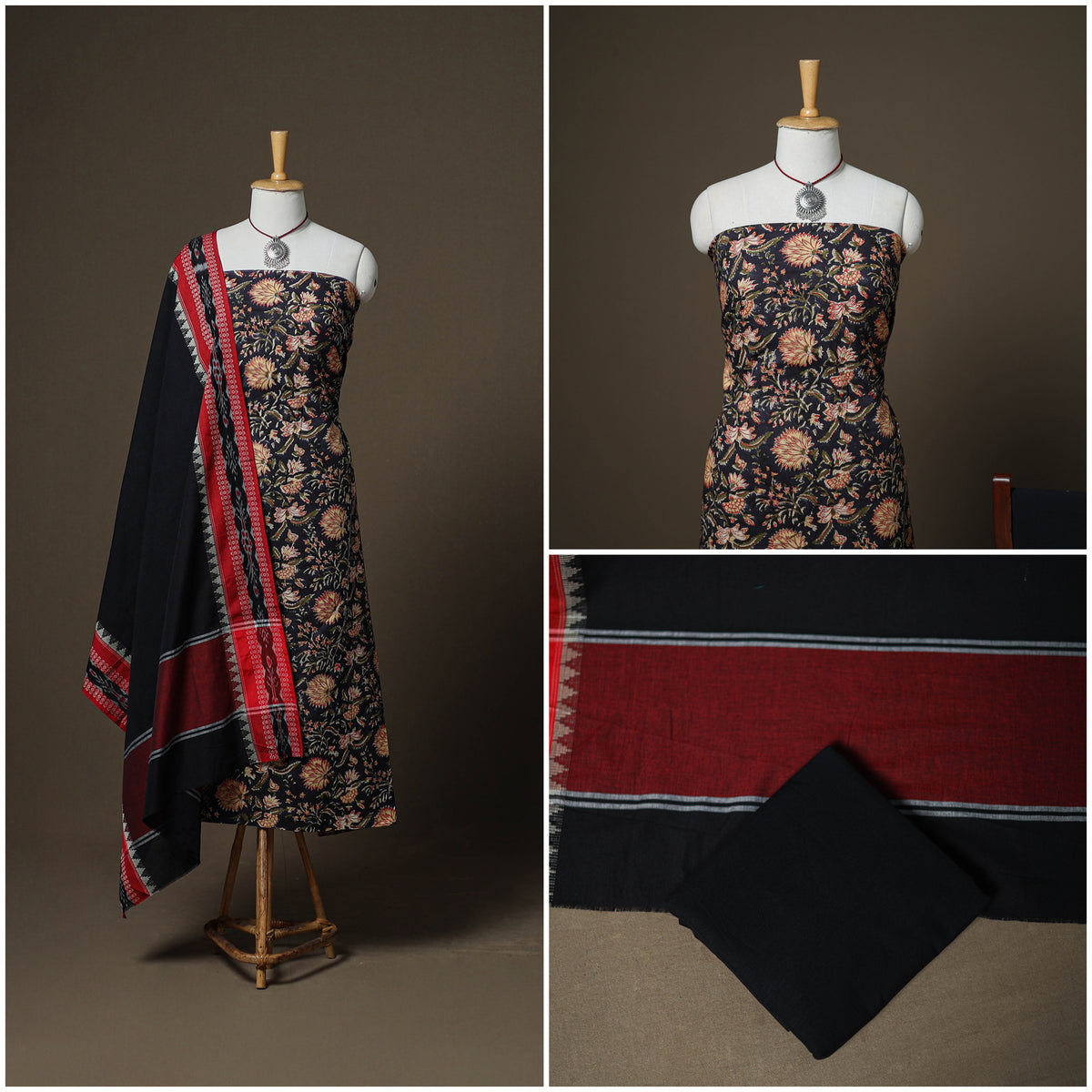 Sanganeri Block Print Cotton Unstitched Dress Material: Kurta, Bottom & Dupatta with Jewellery 47