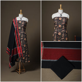 Sanganeri Block Print Cotton Unstitched Dress Material: Kurta, Bottom & Dupatta with Jewellery 47